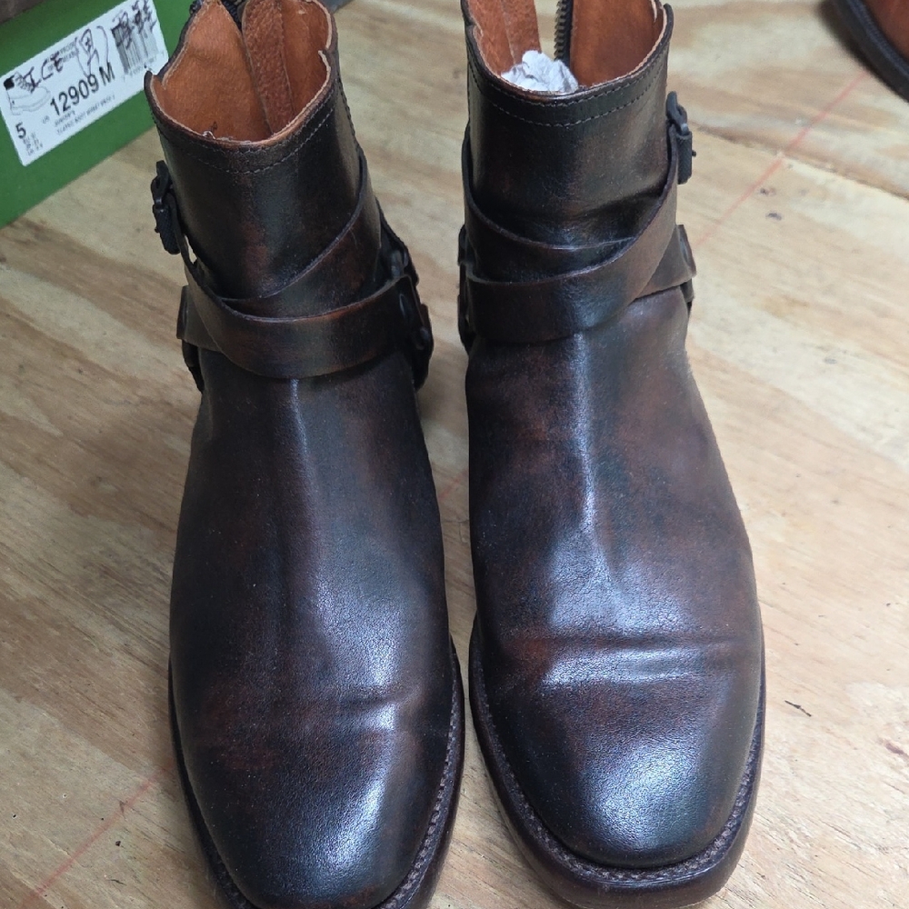 Frye Dark Brown Leather Buckle Boots